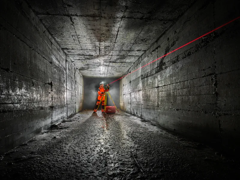 Un homme en combinaison de sécurité orange utilise un appareil de mesure laser dans un tunnel en béton humide.