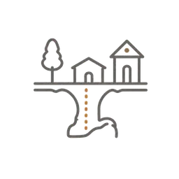 Dessin stylisé d’un paysage avec deux maisons, un arbre et un chemin pointillé.