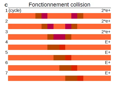 Tableau des résultats de tests sur le fonctionnement d'un cycle de collision avec codes et barres colorées.