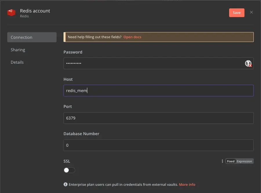 Ajout "credentials" Redis