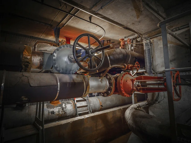 Réseau de canalisations et de vannes dans un local technique souterrain.