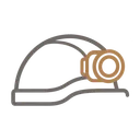 Casque de sécurité gris avec lampe frontale sur le côté.