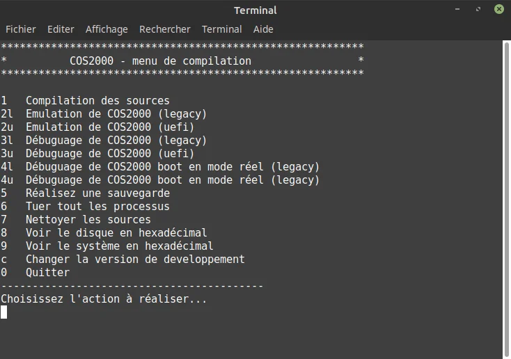 Menu de compilation COS2000 affiché sur un terminal avec plusieurs options d'action.